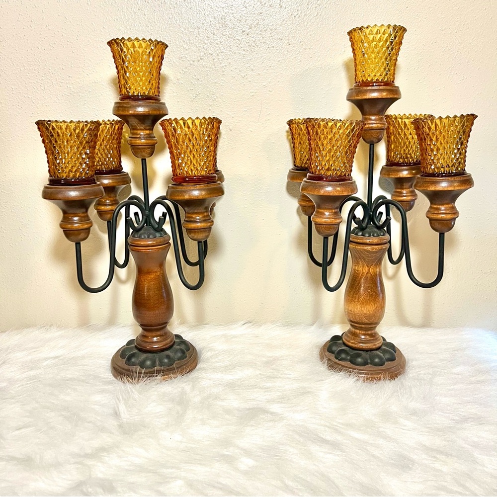 Wooden candelabra with Amber diamond point sconces, 2 available